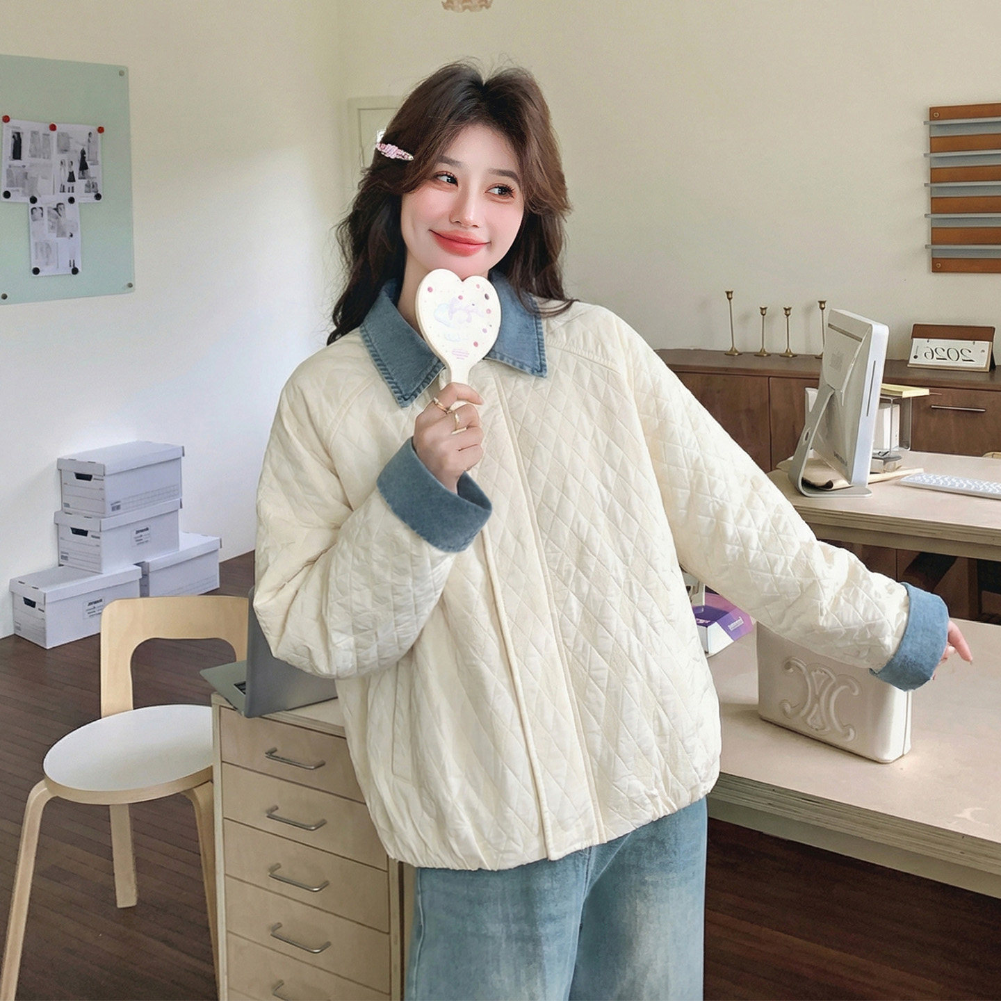女米白色宽松小个子夹克