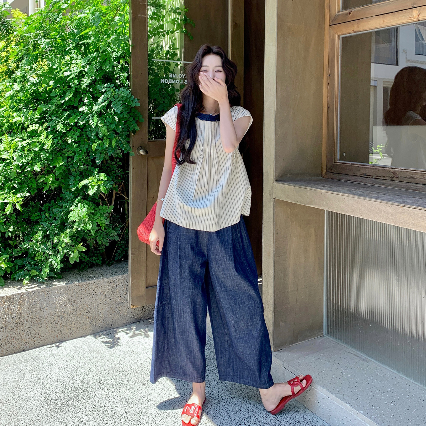 夏季条纹娃娃衫阔腿裤两件套女