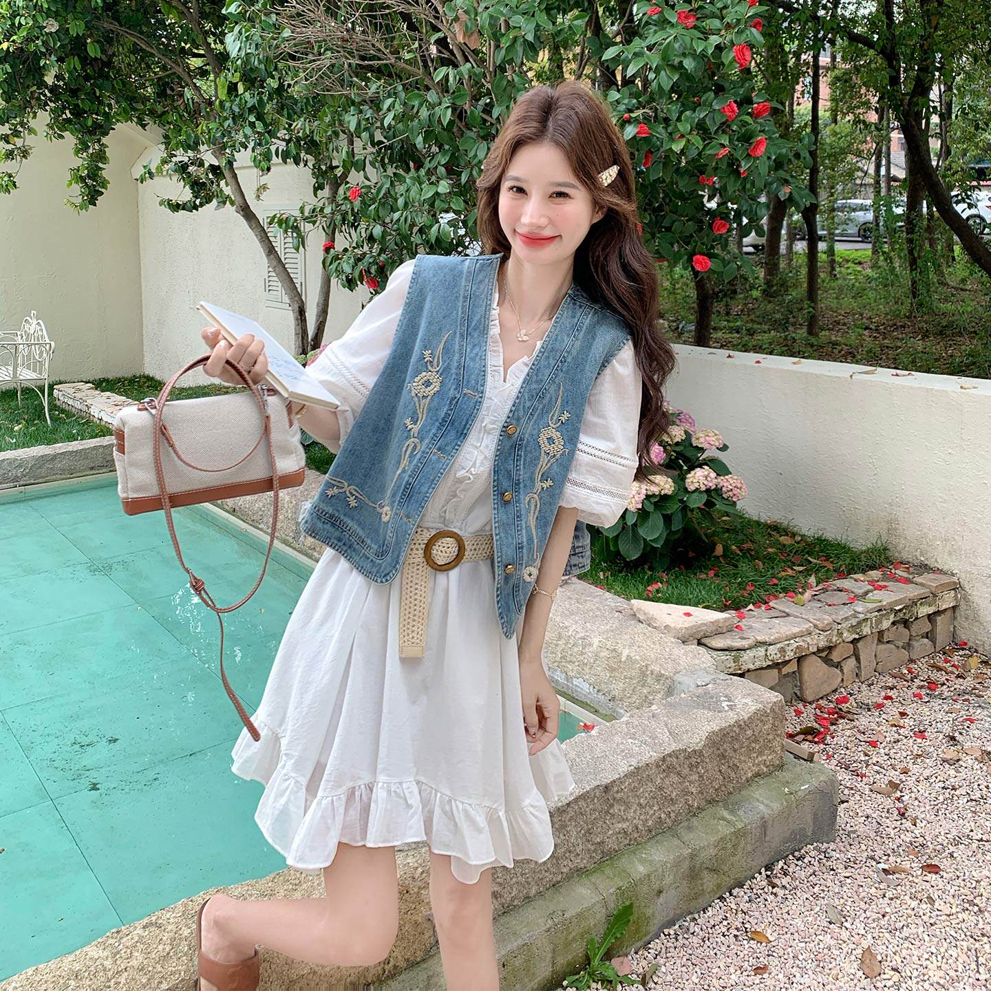 法式复古牛仔绣花马甲连衣裙套装女2026初夏新款花边A字裙两件套