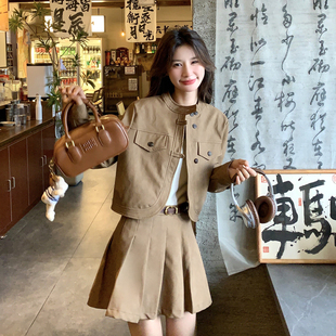 咖色复古高级感休闲套装裙女2026春韩系小个子短外套百褶裙两件套