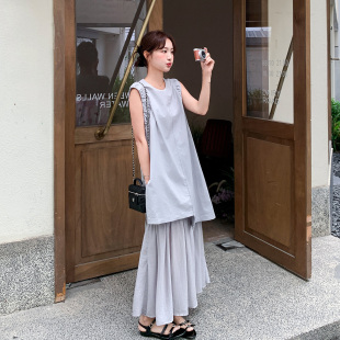 夏日灰色简单高级感无袖连衣裙女轻国风设计感拼接背心裙2026新款