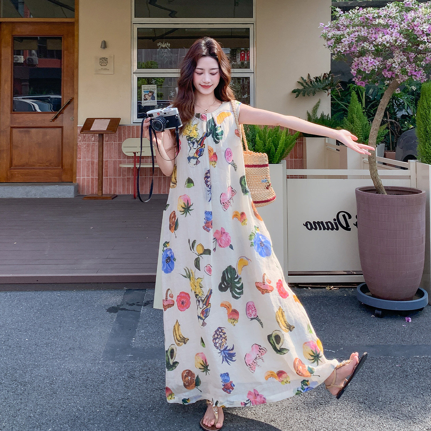 度假风印花背心连衣裙女夏长裙