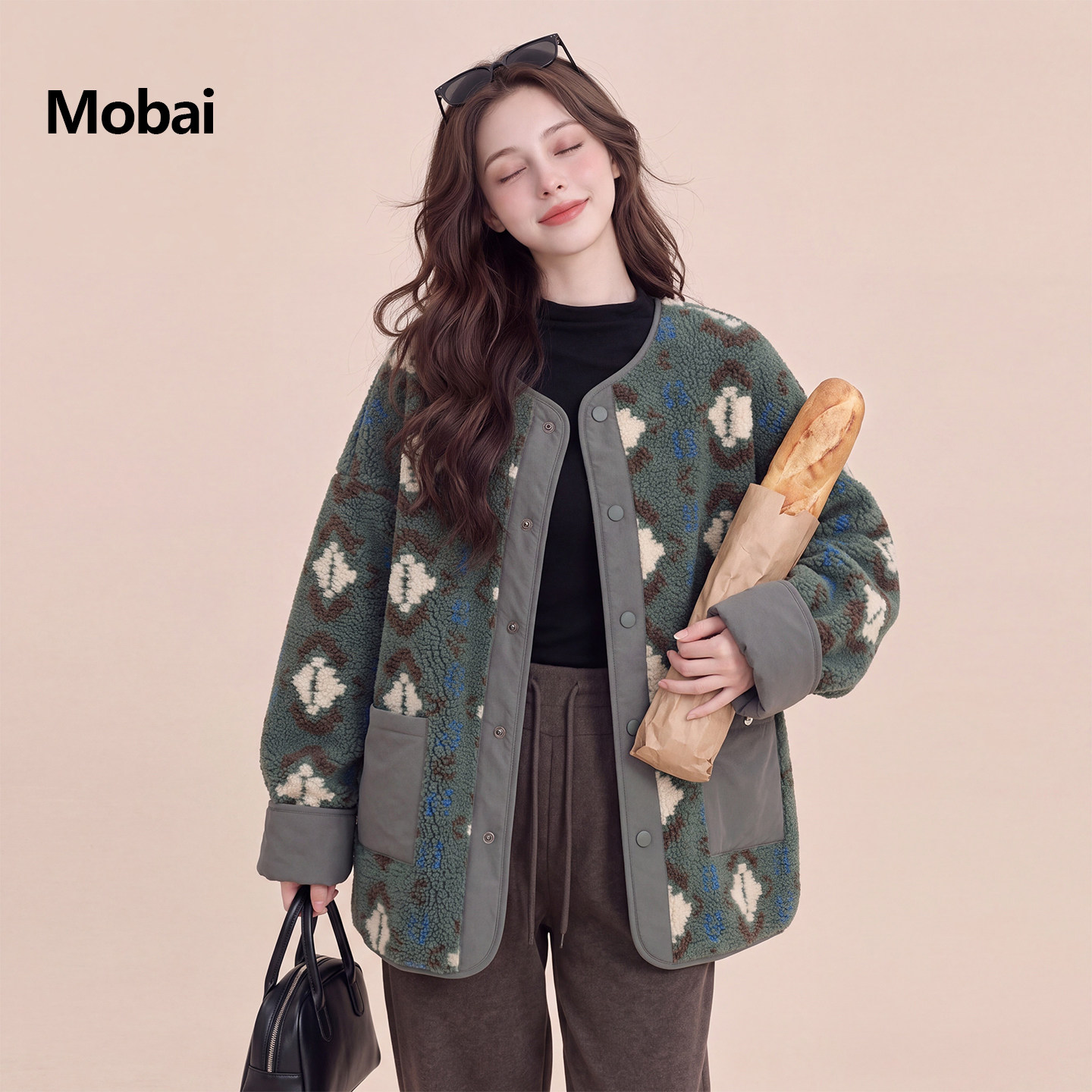 复古绿提花羊羔毛加厚女短外套