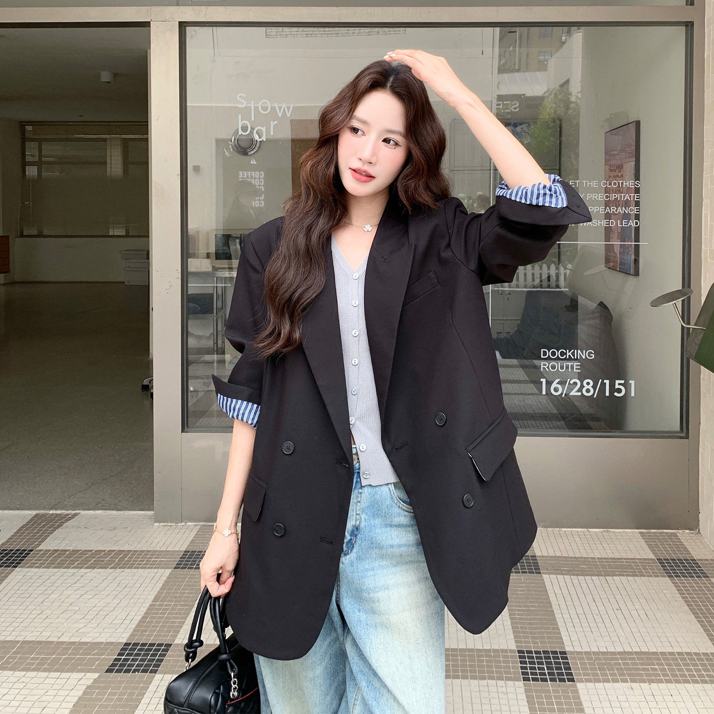 黑色通勤双排扣高级感西装外套女