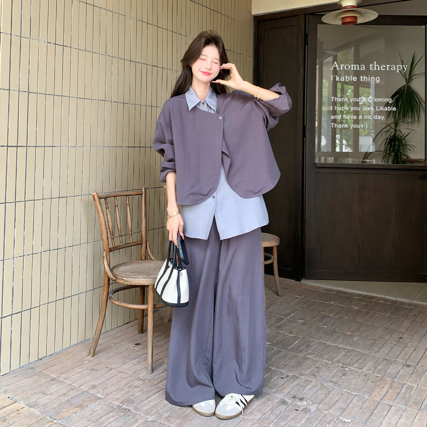 初秋女显瘦阔腿裤三件套