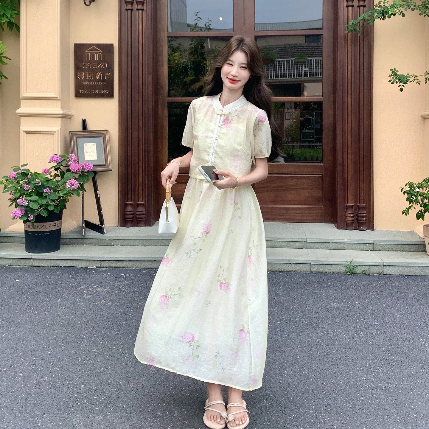 新中式碎花连衣裙女夏两件套