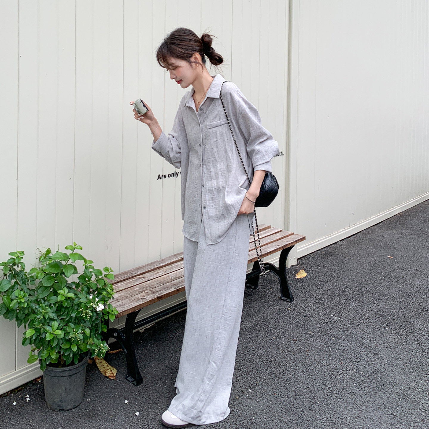 韩系老钱风休闲套装女2026春新款高级感衬衫高腰显瘦阔腿裤两件套