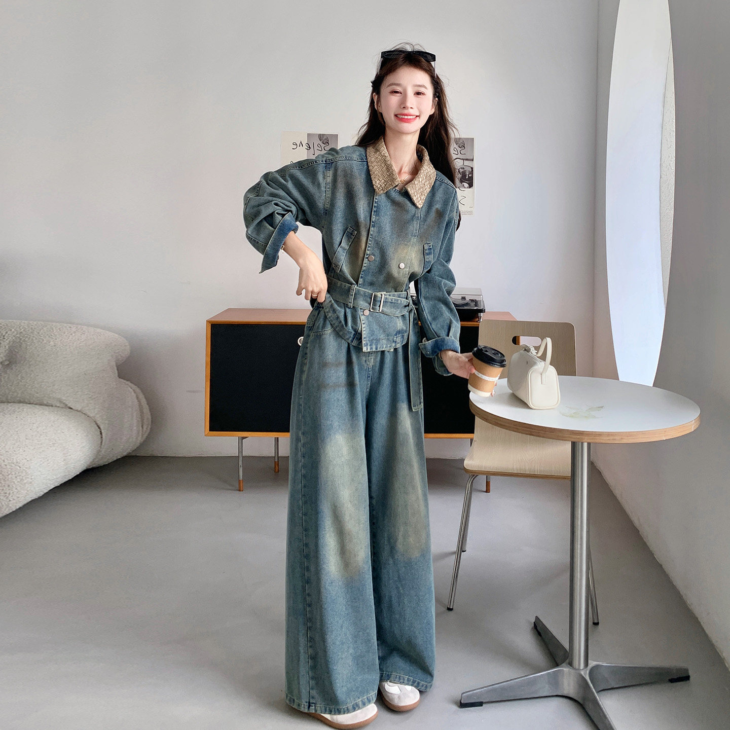 韩版牛仔套装女宽松阔腿裤