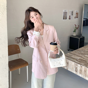 粉色韩系肌理感V领西装外套女2026春季小个子超好看气质减龄西服