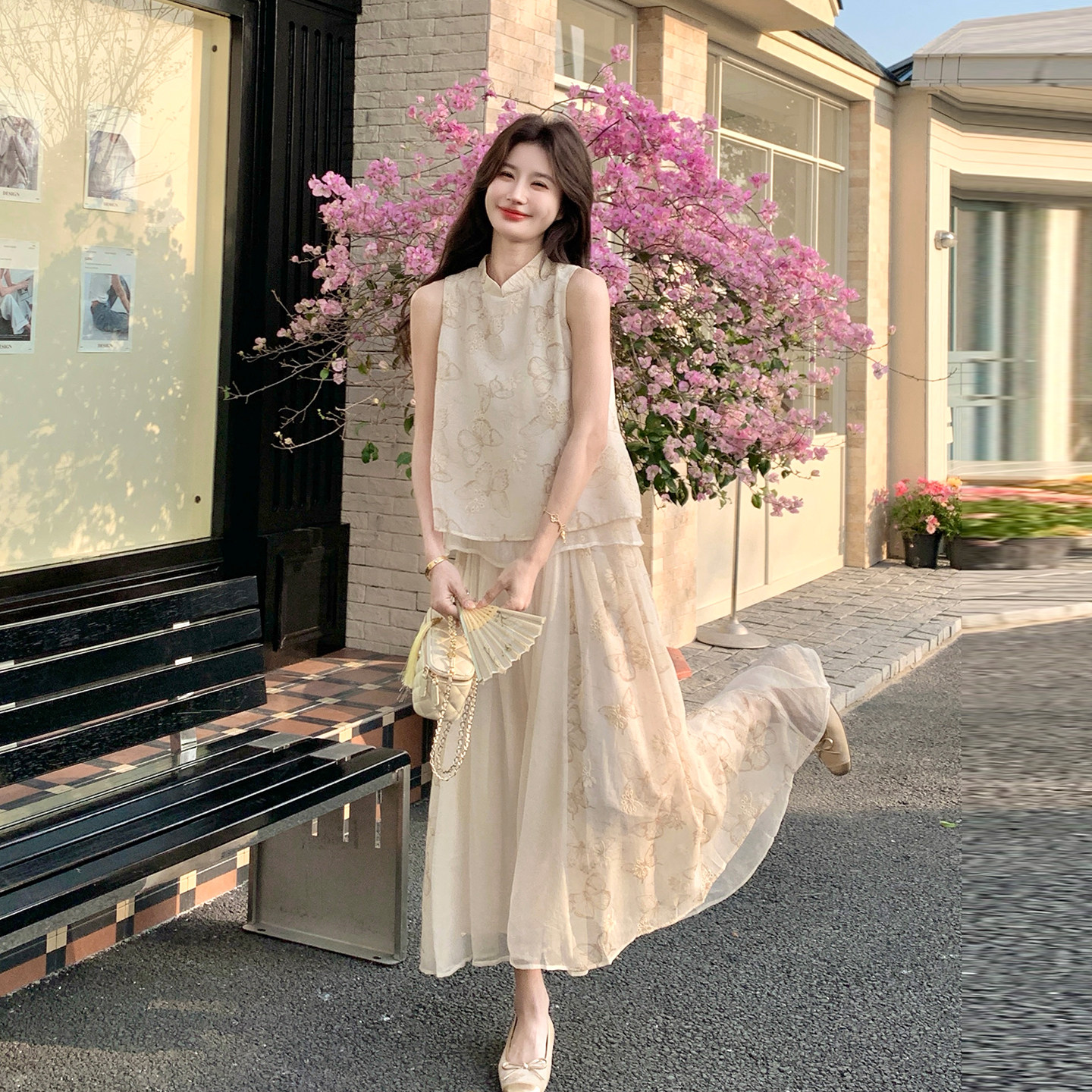 米色新中式气质套装裙女夏2026新款国风印花背心网纱半身裙两件套