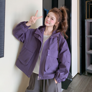 紫色超A酷飒减龄工装外套女2026春天新款韩系时尚连帽小个子上衣