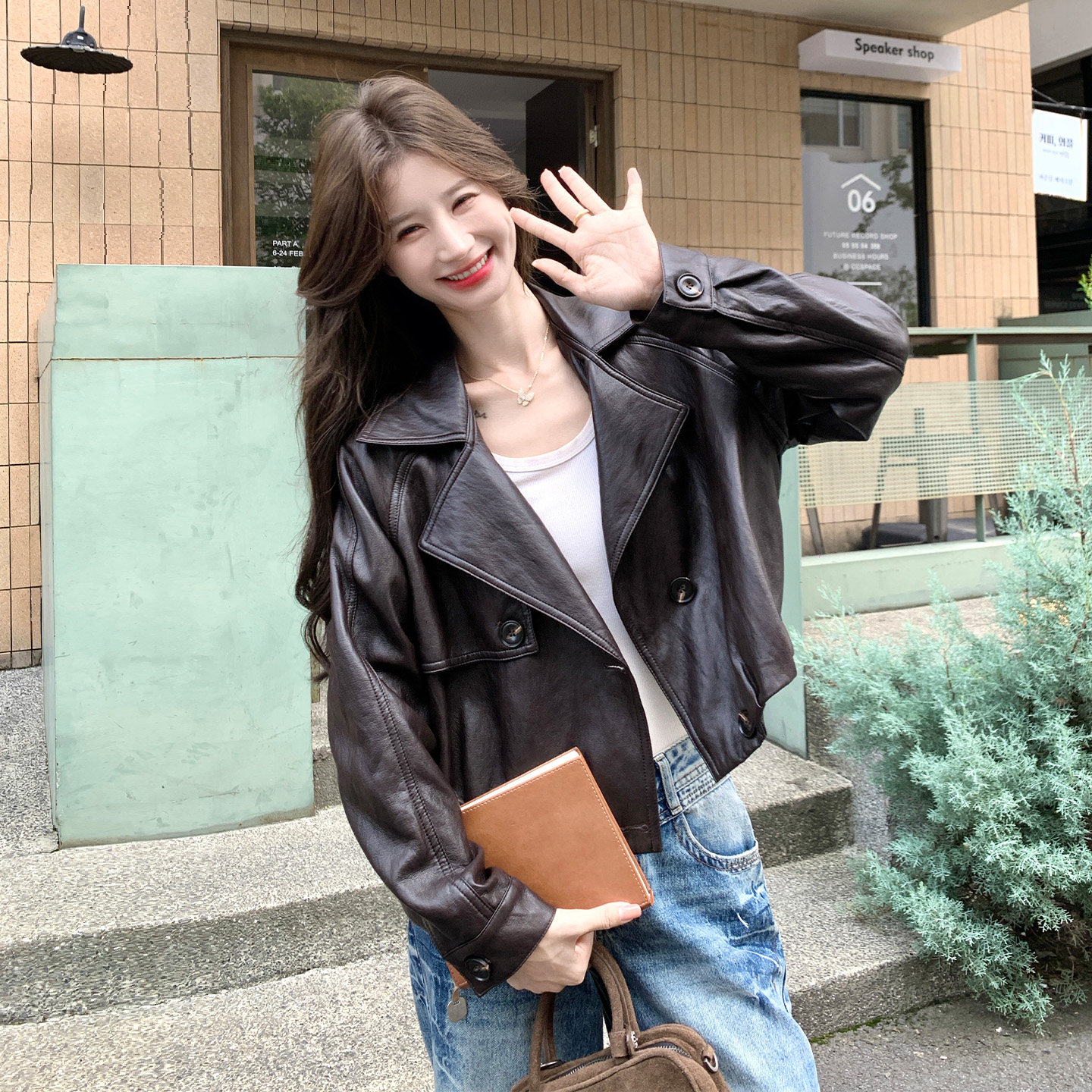 复古机车皮衣短外套女美拉德咖图片