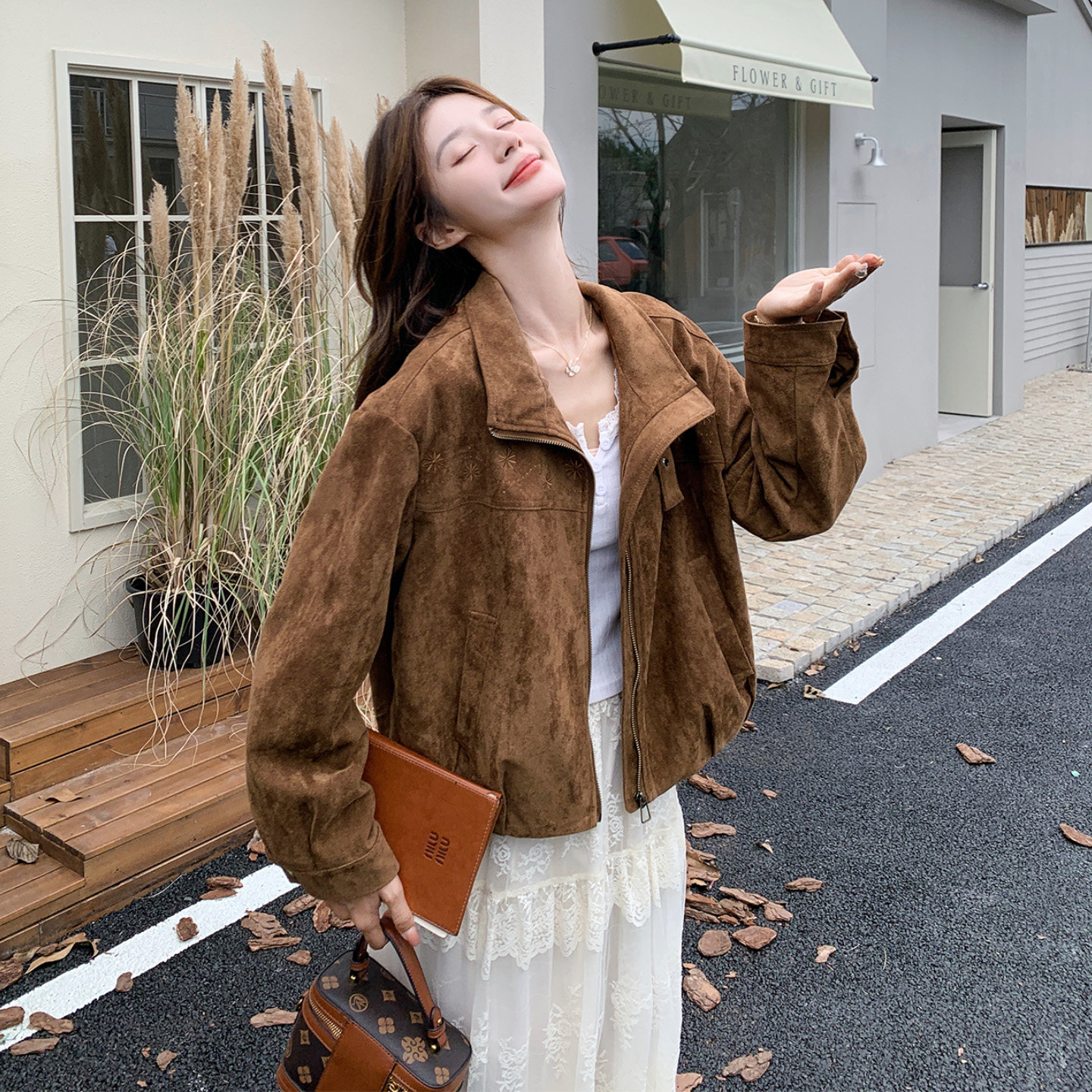 美拉德复古麂皮翻领短外套女秋