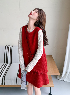 红色法式小香风背心连衣裙套装女2026春小个子洋气减龄衬衣两件套