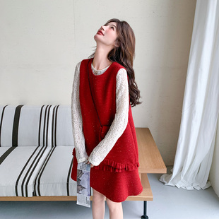红色法式小香风背心连衣裙套装女2026春小个子洋气减龄衬衣两件套