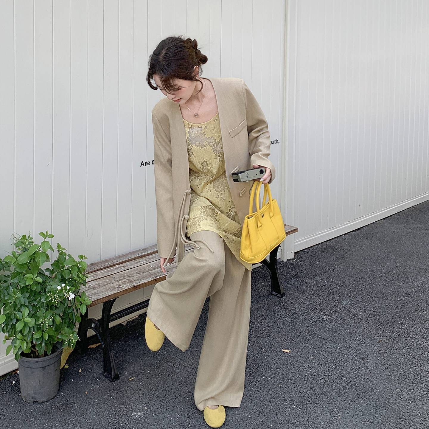 法式优雅高级感无领西装套装女2026春季新款提花背心阔腿裤两件套