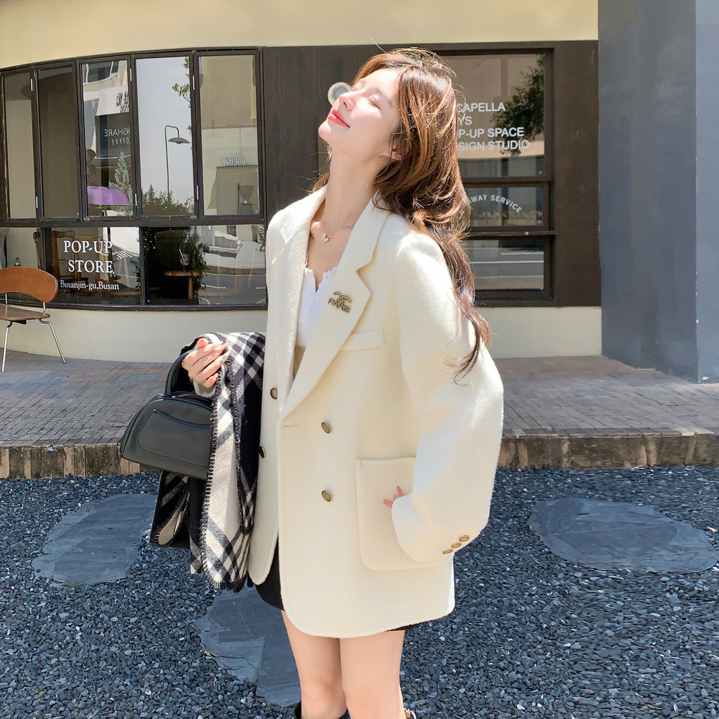 秋冬韩系白色短款双排扣毛呢西装