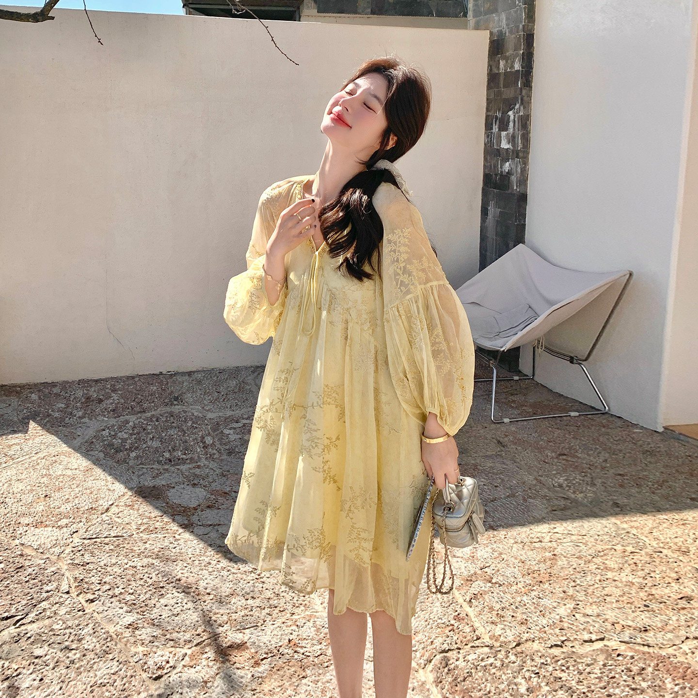 法式温柔风黄色长袖连衣裙女