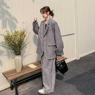 灰色韩系设计感扎染西服套装女2026春季气质时尚西装阔腿裤两件套