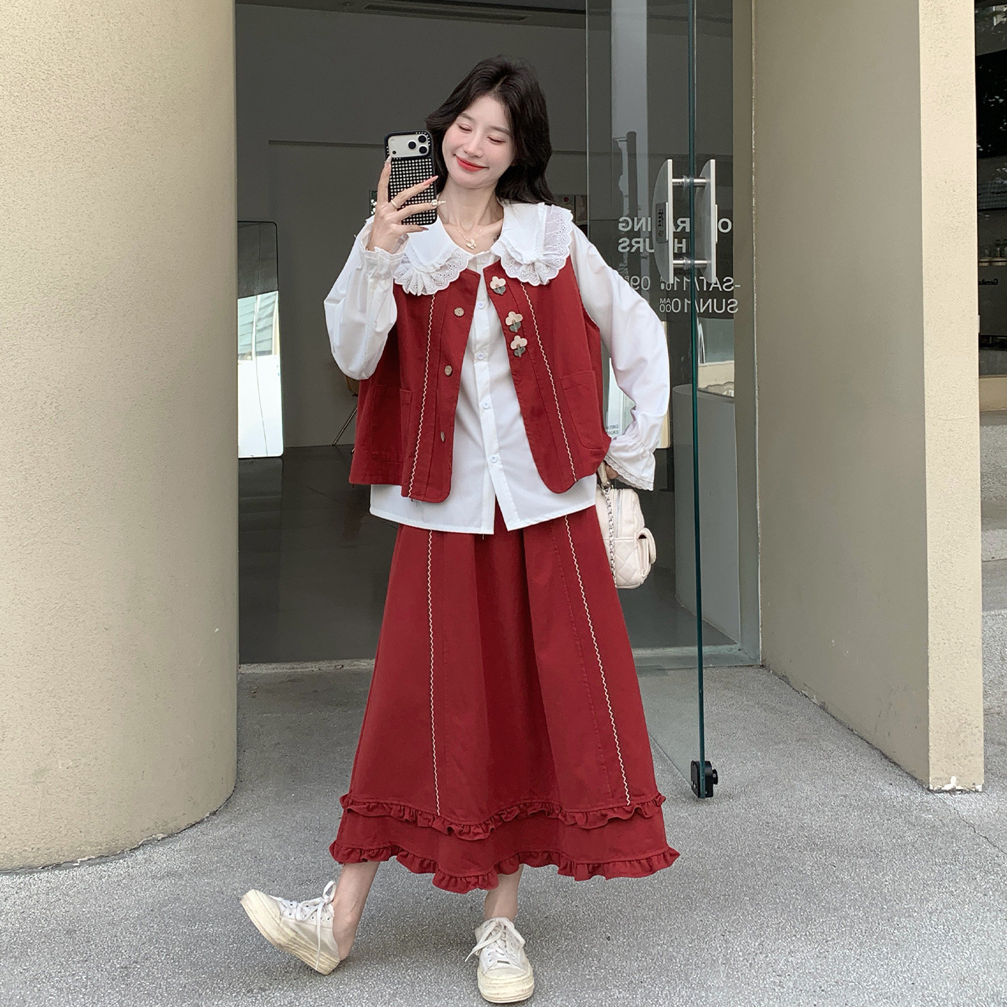 甜美风娃娃领衬衫马甲半身裙三件