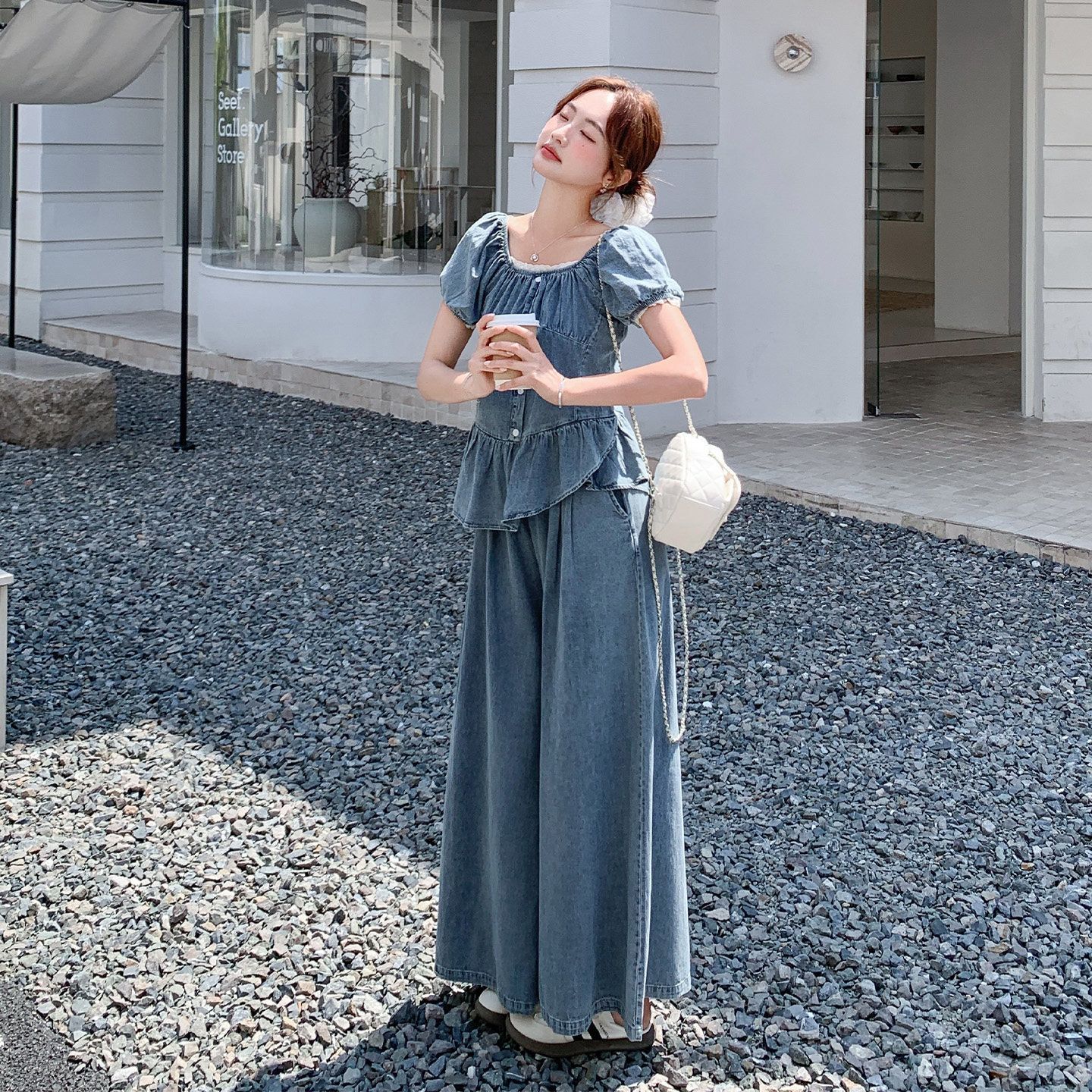 法式时尚减龄牛仔套装女2026夏新款不规则泡泡袖上衣阔腿裤两件套