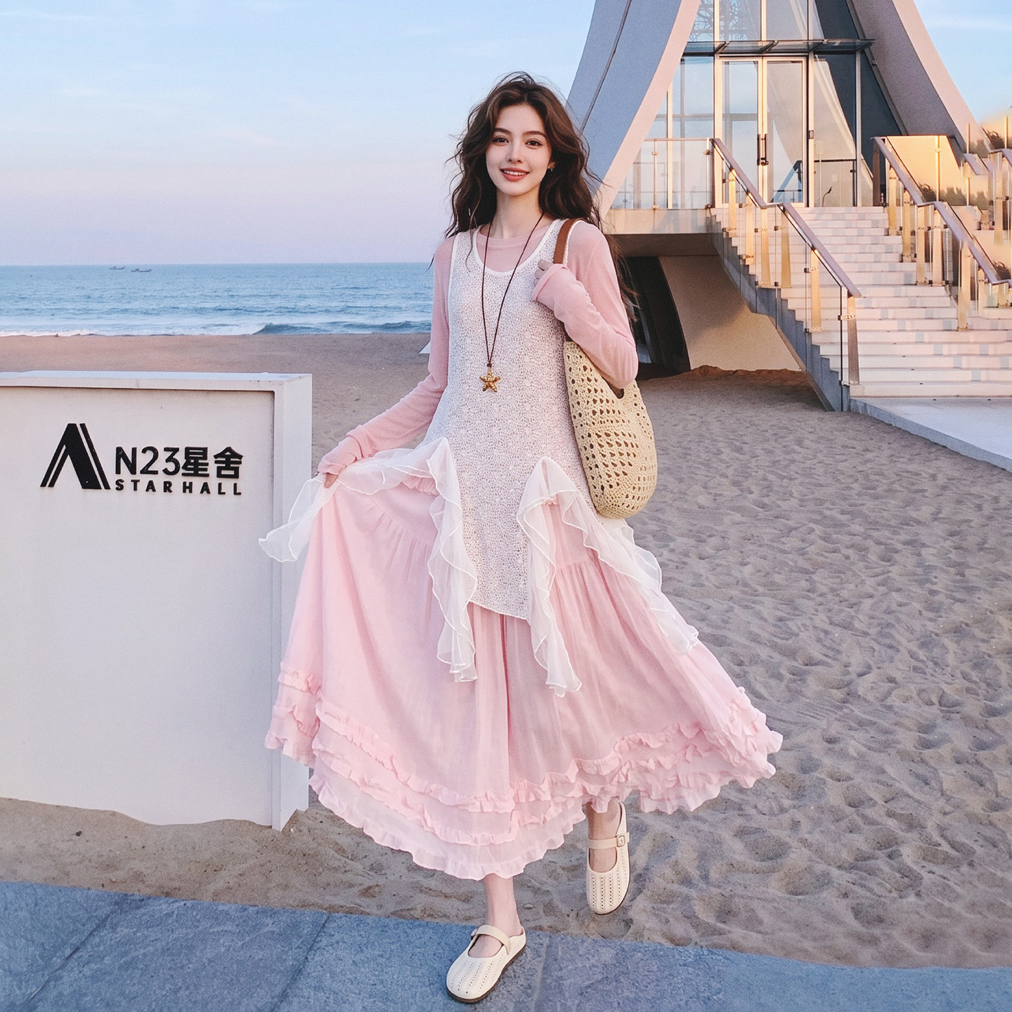 俏皮甜美少女不规则花边罩衫三件套2026秋季新款打底衫半身裙套装