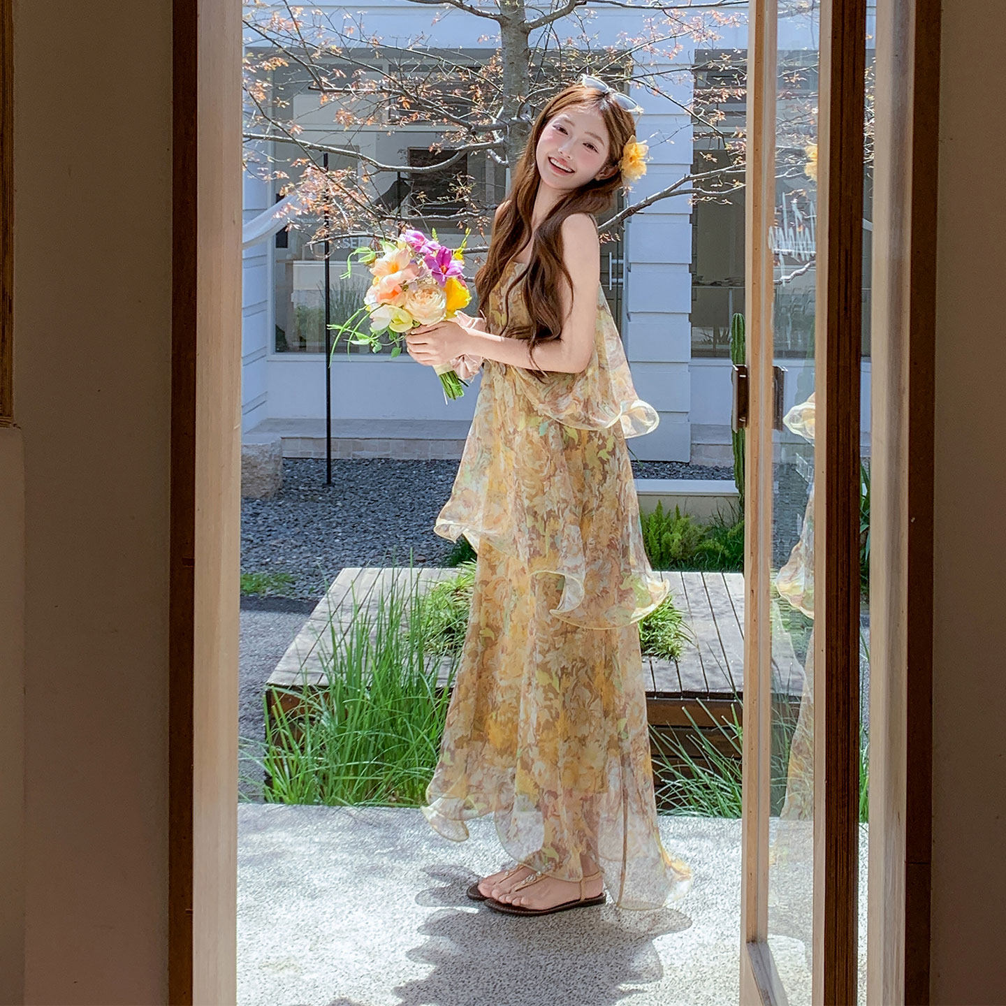 海边度假风撞色印花荷叶边吊带连衣裙女2026夏新款超仙高级感长裙