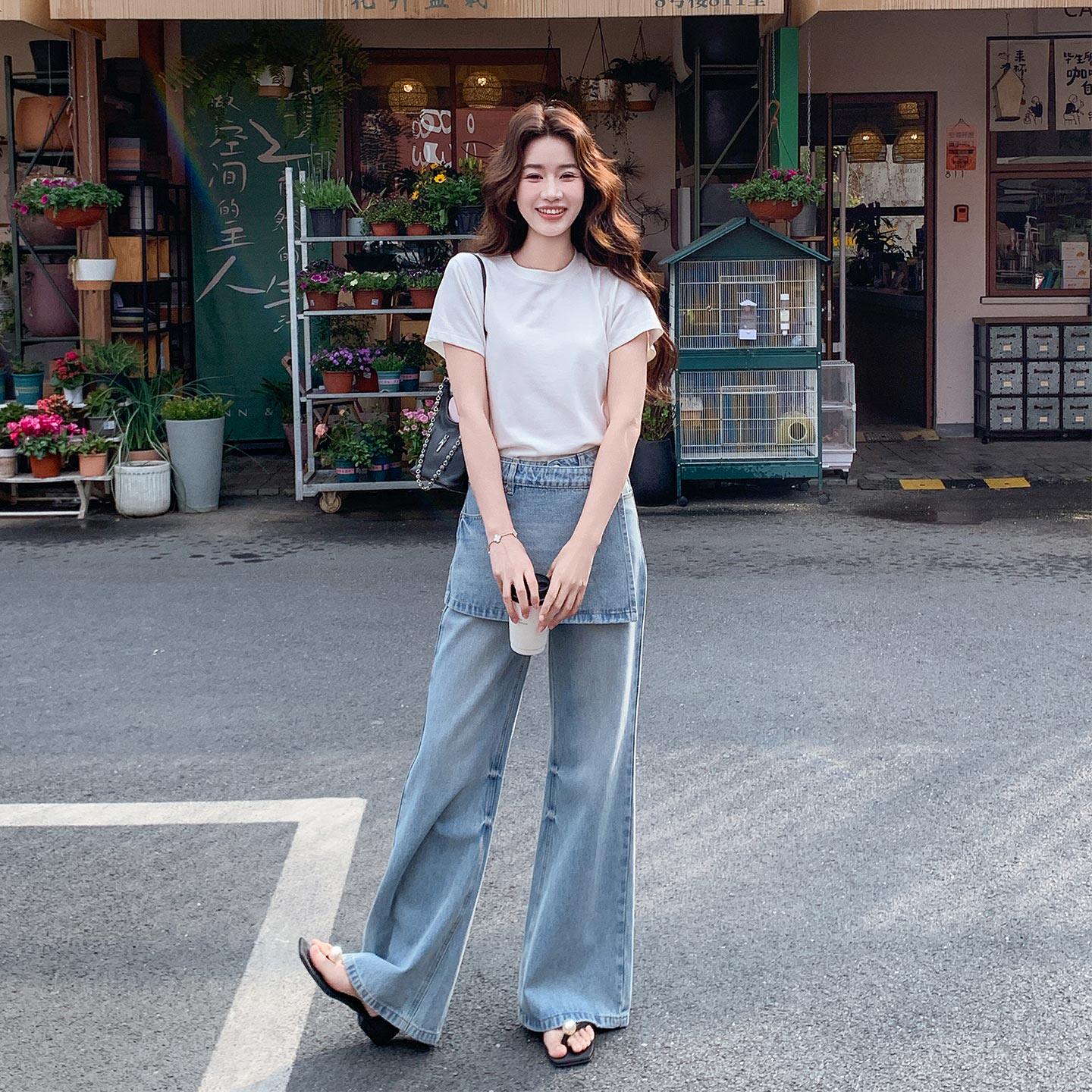 韩系通勤百搭学院风修身短袖套装女2026夏季屁帘牛仔阔腿裤两件套