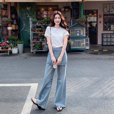 韩系通勤百搭学院风修身短袖套装女2026夏季屁帘牛仔阔腿裤两件套