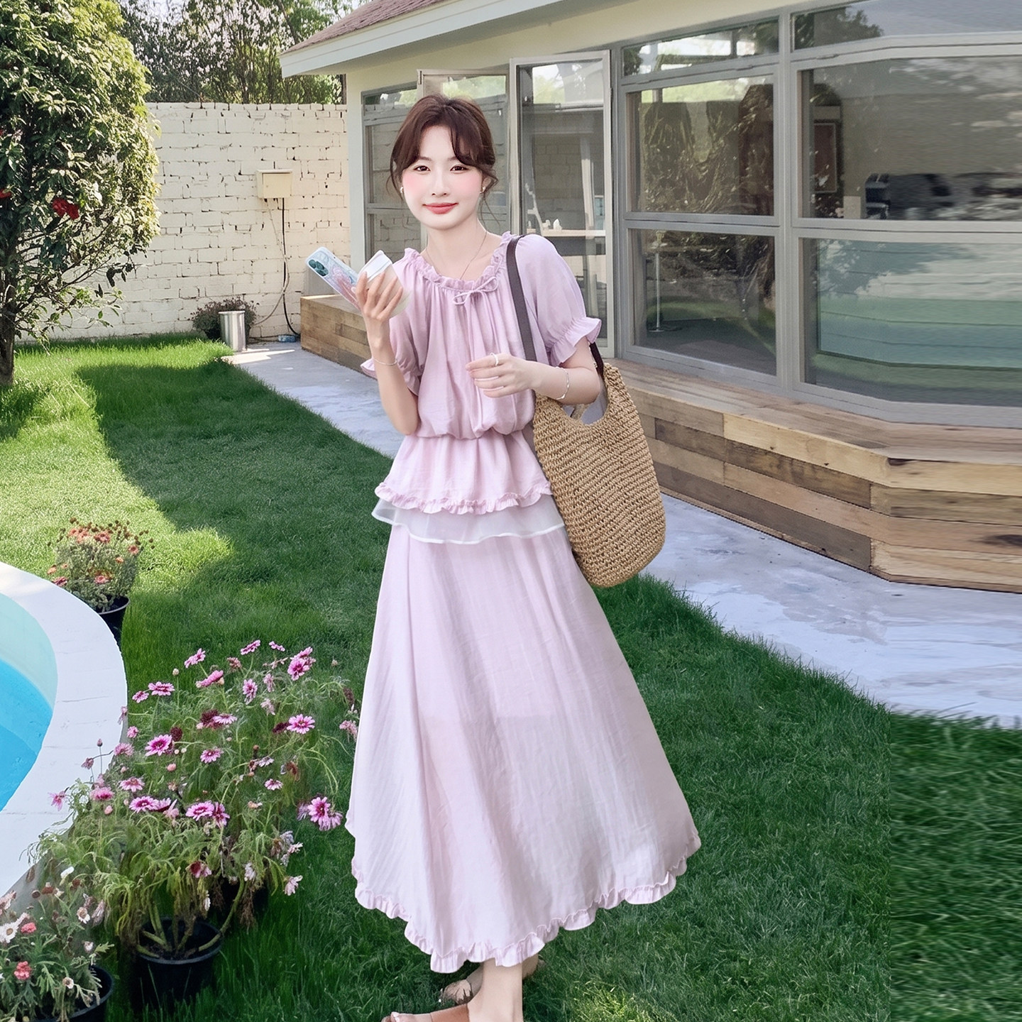 夏季甜美淡紫木耳边泡泡袖两件套