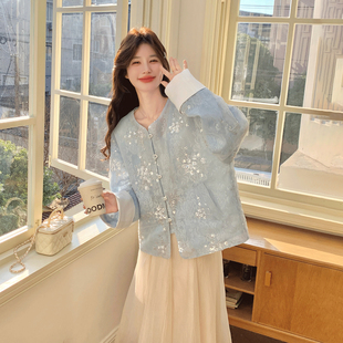 蓝色高端气质新中式亮片绣花外套女2026早春新款撞色拼接圆领上衣