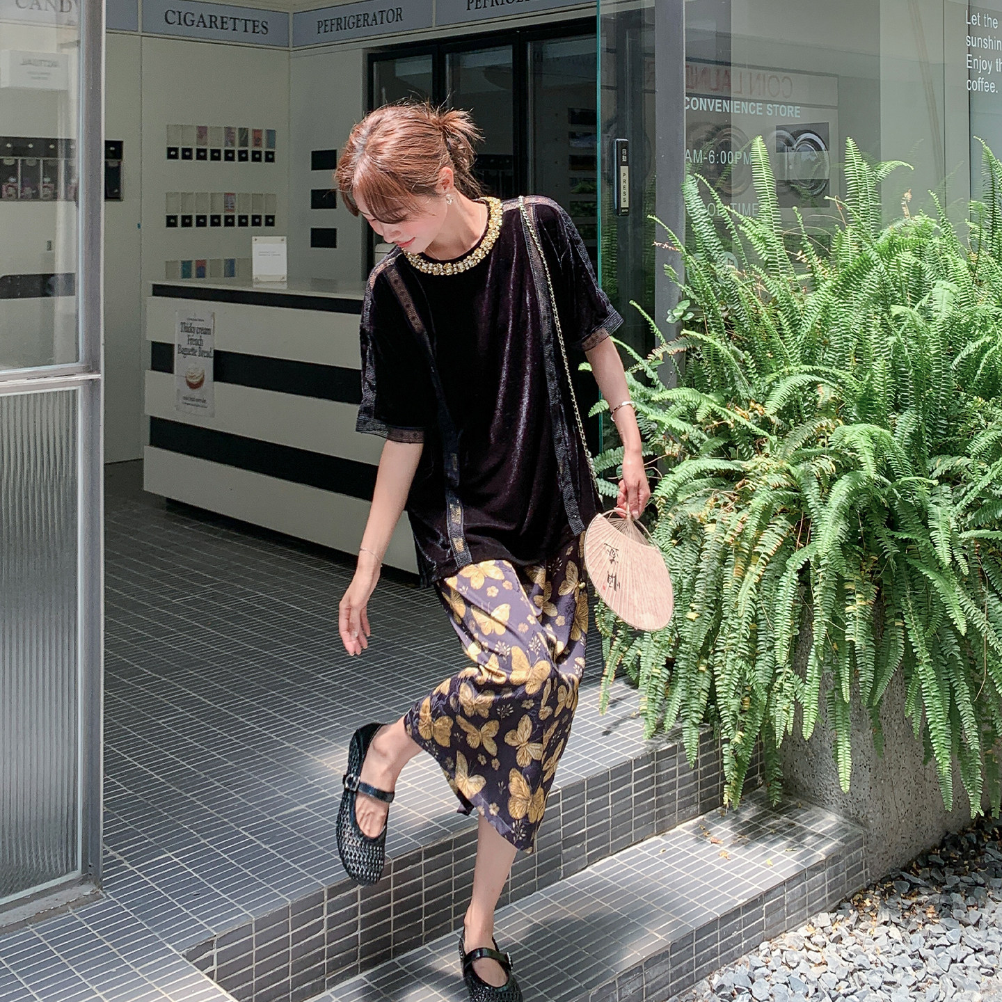 夏季亮片丝绒显瘦女短袖两件套