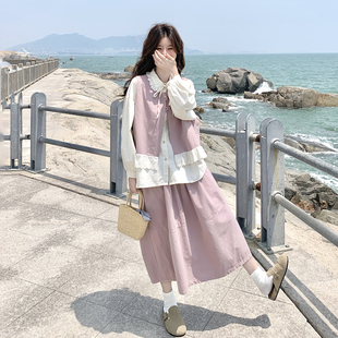 粉色甜美风减龄马甲套装裙女2026春小个子娃娃领衬衫半身裙三件套