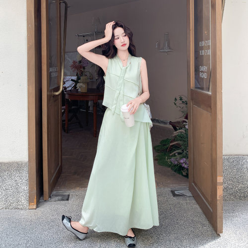 浅绿色无袖马甲阔腿长裤套装女夏