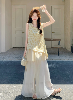 黄色优雅甜美淑女风套装夏日温柔风无袖上衣阔腿裤两件套2026新款