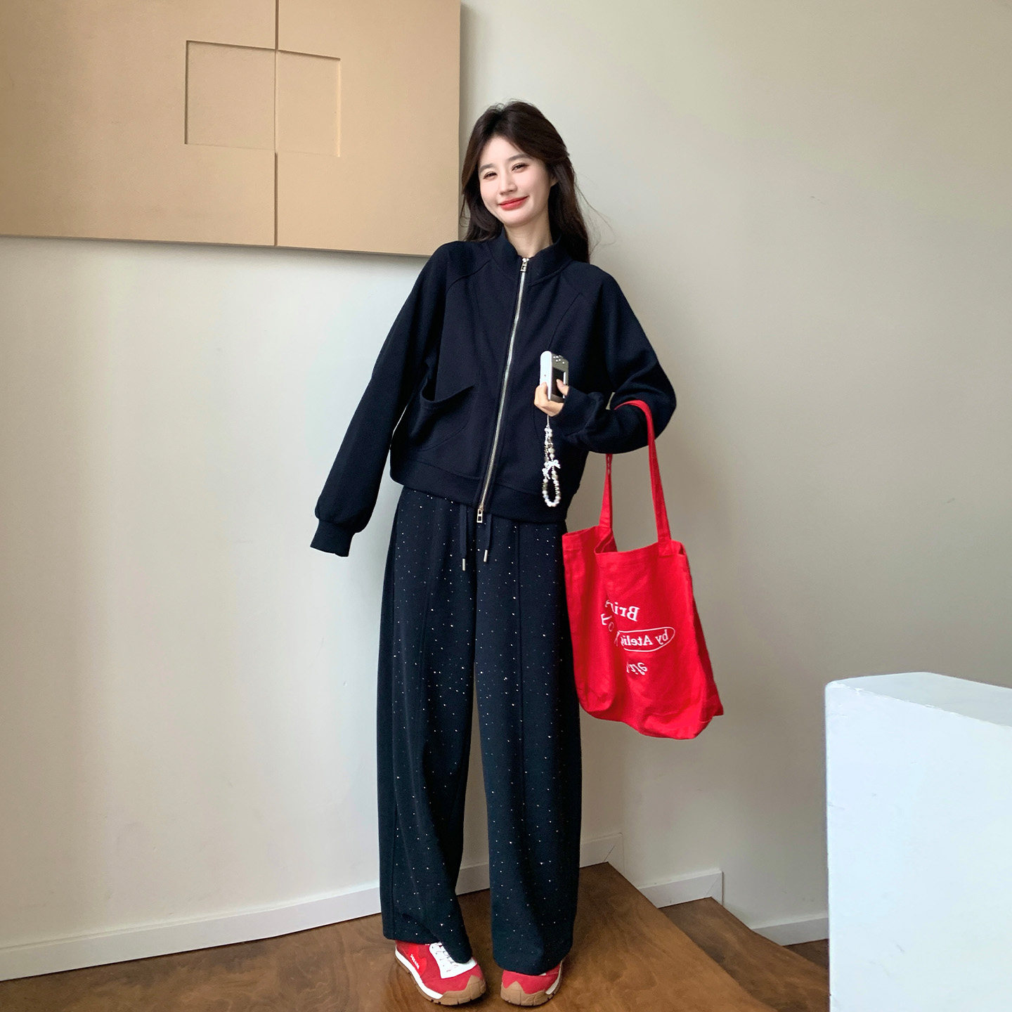 藏青色韩系风松弛感套装女2026春季新款休闲卫衣亮片阔腿裤两件套