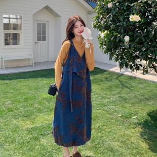 蓝色复古设计感撞色提花牛仔背带连衣裙女2026春季 休闲A字裙 新款