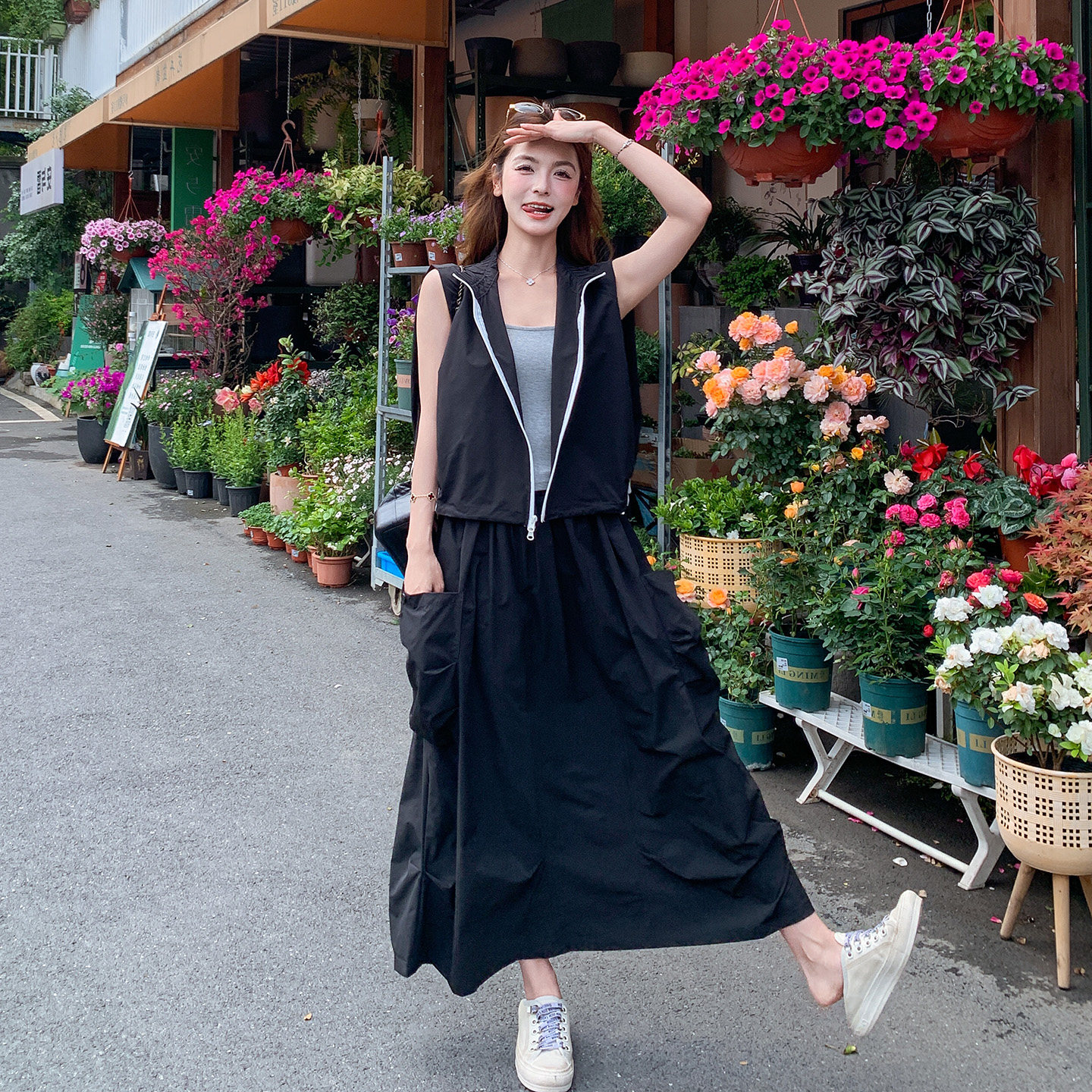 韩式超A酷飒拽姐运动风套装女2026新款撞色无袖马甲半身裙两件套