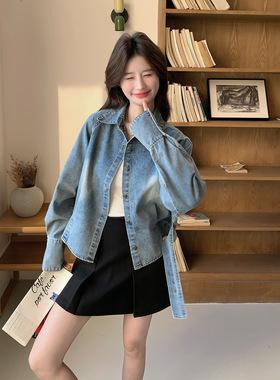 蓝色港风复古文艺风牛仔外套2026春新款小个子时尚设计感收腰上衣