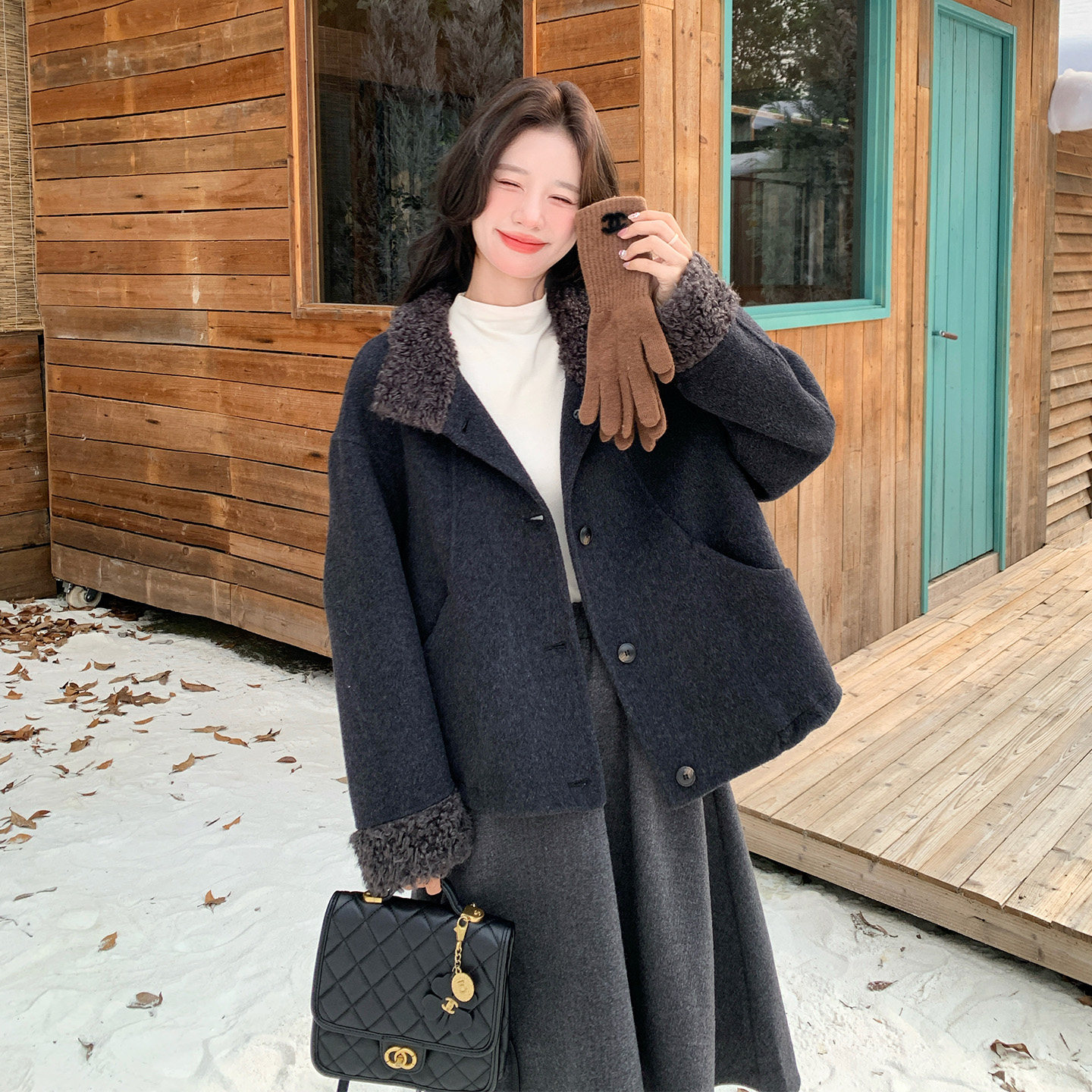 冬季羊羔毛拼呢加厚短款外套女