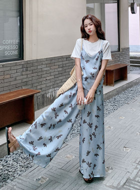蓝色高级感撞色印花套装女2026夏新款假两件气质上衣阔腿裤两件套