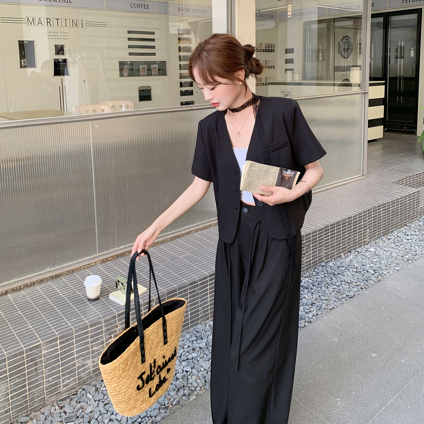 黑色高级感V领漂亮短袖西装套装女2026夏季新款气质阔腿裤两件套