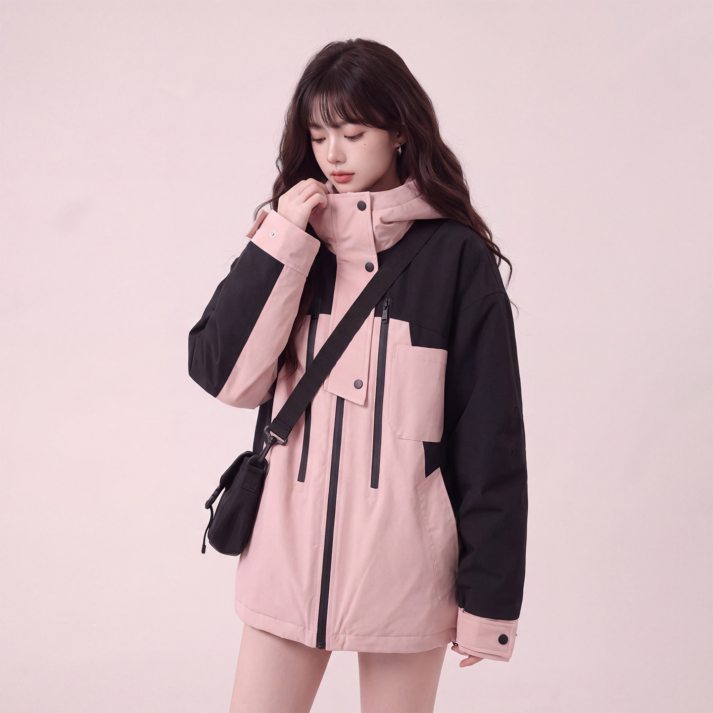撞色连帽工装冲锋衣女冬季新款