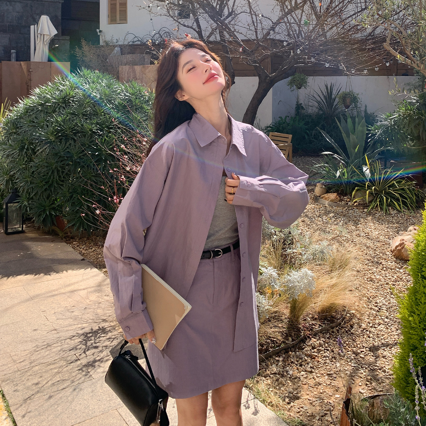 紫色温柔风减龄长袖衬衫套装裙女2026春季小个子背心半身裙三件套