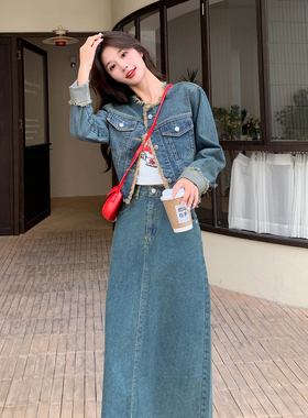 蓝色复古文艺港风气质牛仔套装女2026春新款毛边外套半身裙两件套