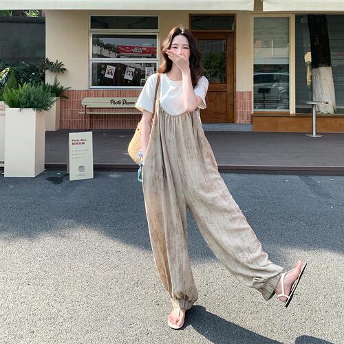 韩式随性慵懒风扎染背带裤女2026新款夏日复古休闲风高腰连体裤