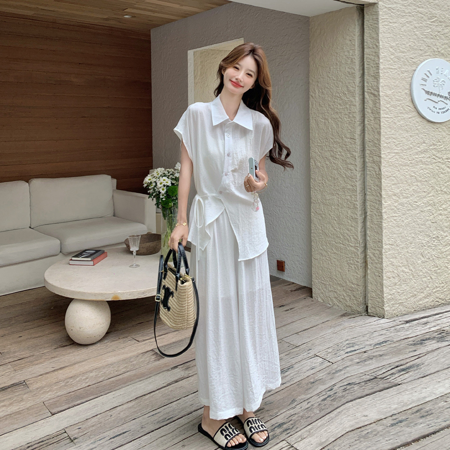 白色收腰衬衫阔腿长裤套装女夏