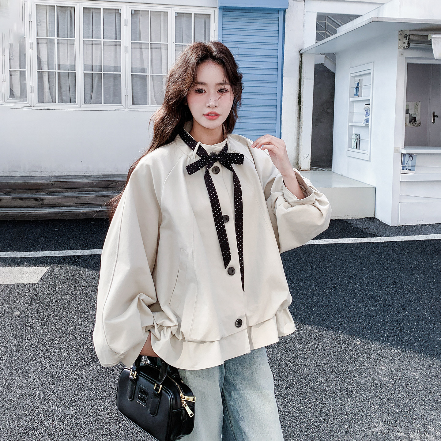 米色甜美减龄休闲外套女2026韩系小个子穿搭时尚新款波点系带夹克