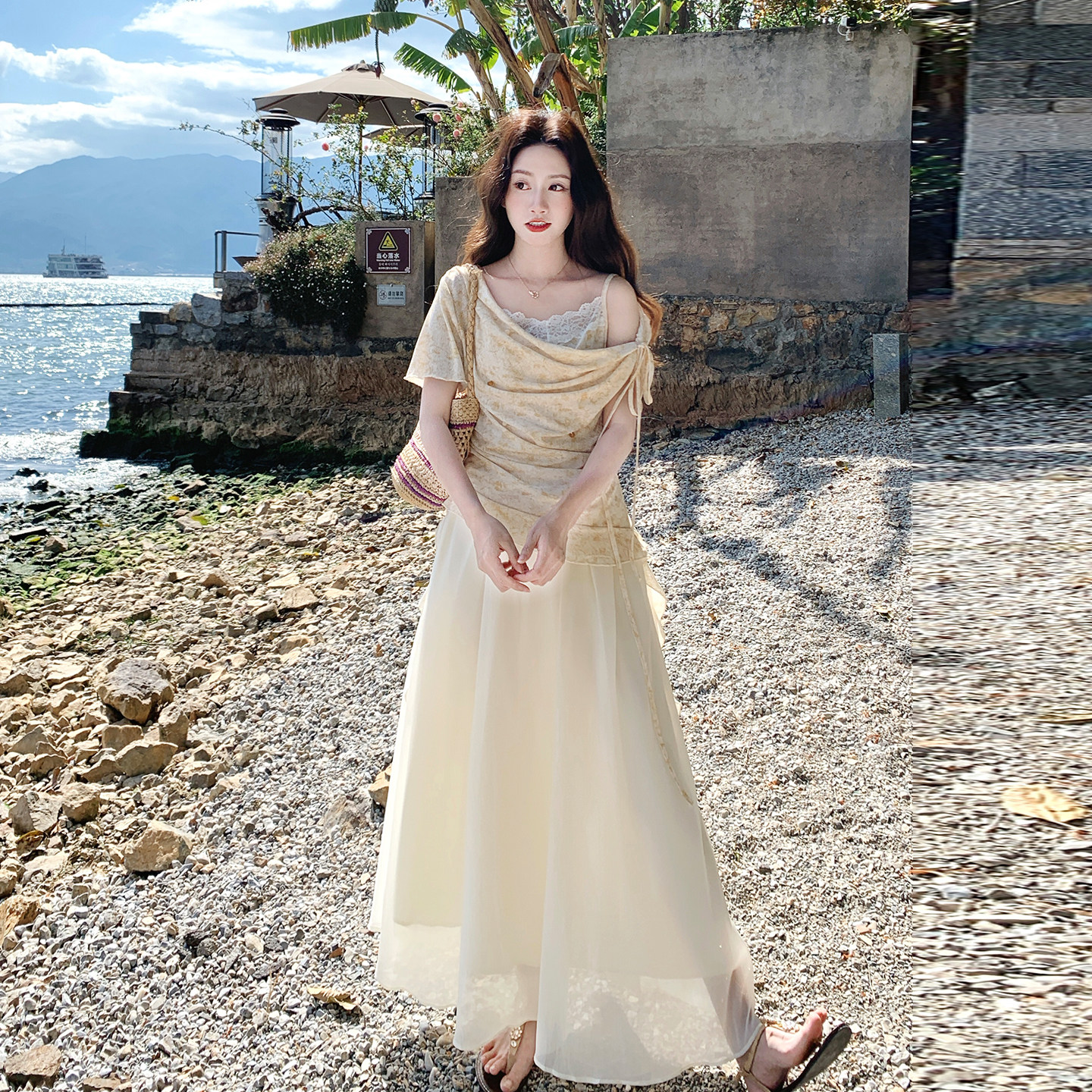 法式浪漫风女神套装夏日假两件蕾丝露肩上衣网纱半身裙两件套2026