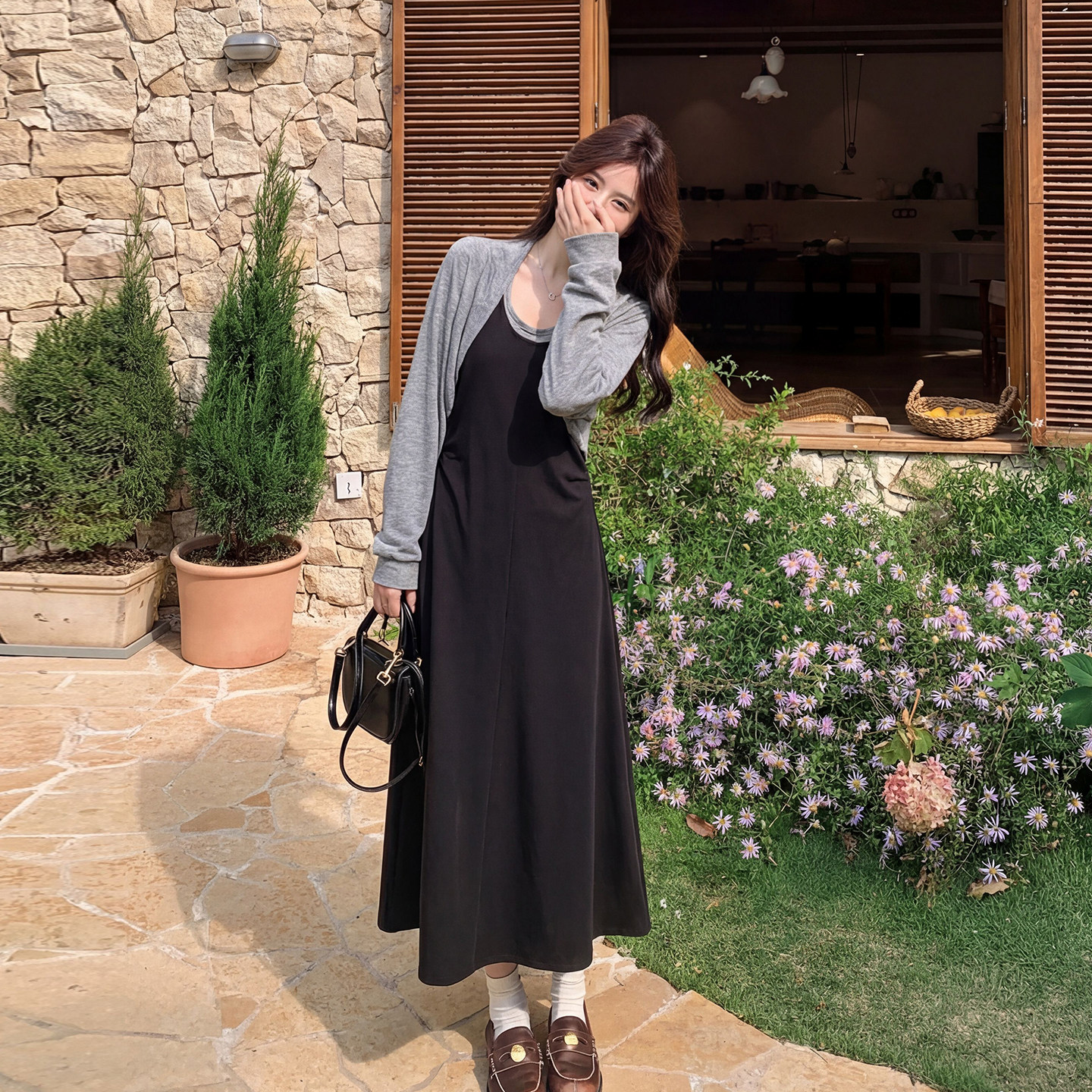 韩系早春高级感假两件背心连衣裙套装女2026新款休闲小开衫两件套